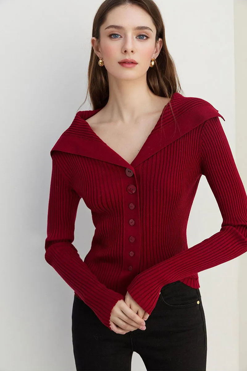 100 Washable Wool Ribbed Cardigan with Oversized Collar