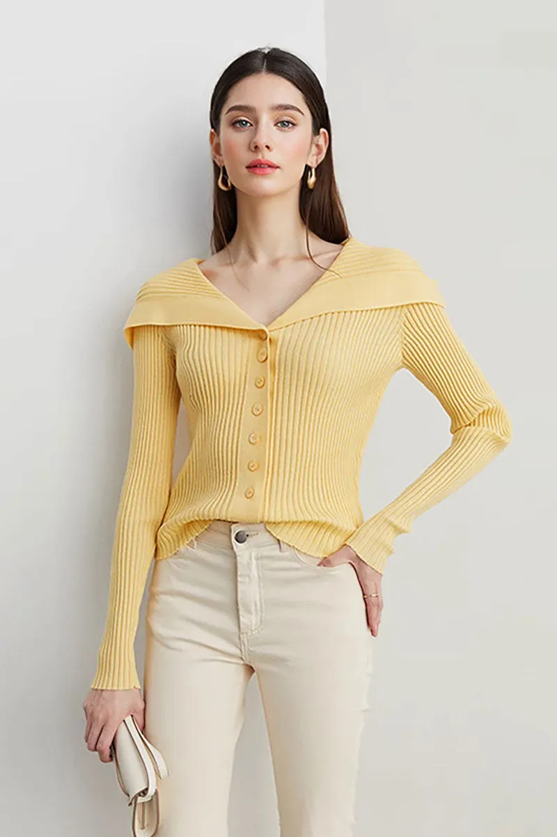 100 Washable Wool Ribbed Cardigan with Oversized Collar