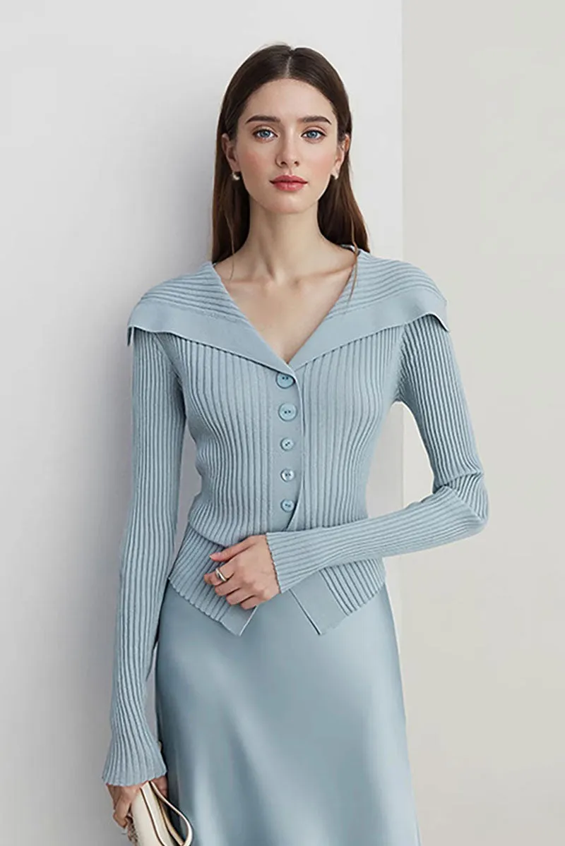 100 Washable Wool Ribbed Cardigan with Oversized Collar