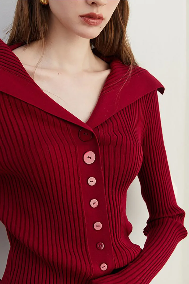 100 Washable Wool Ribbed Cardigan with Oversized Collar