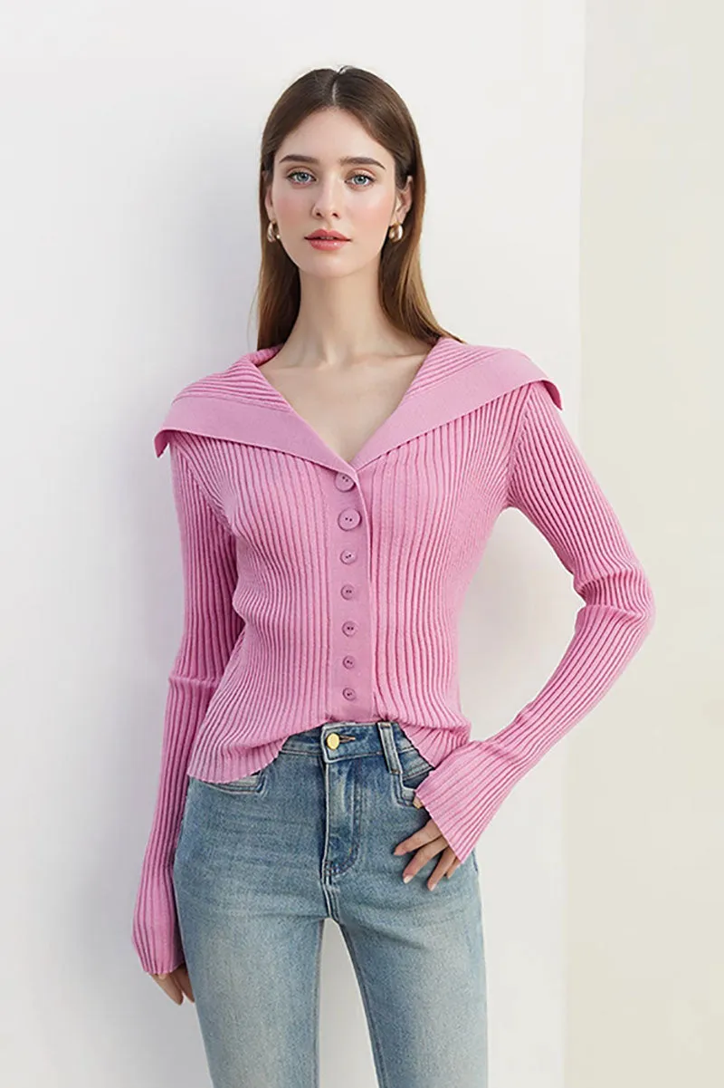 100 Washable Wool Ribbed Cardigan with Oversized Collar