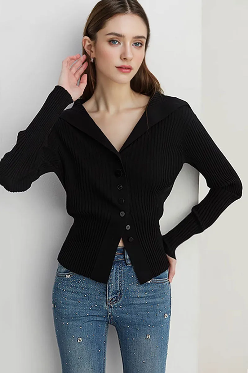 100 Washable Wool Ribbed Cardigan with Oversized Collar