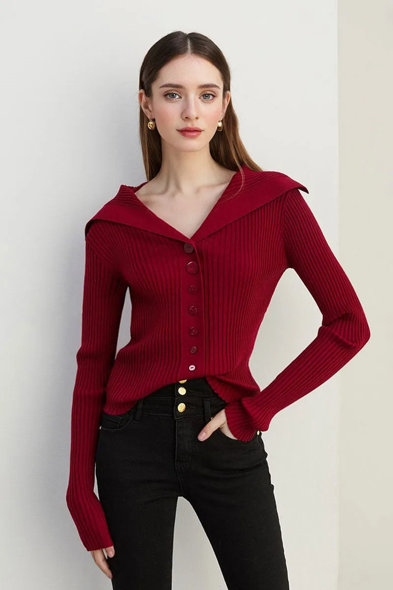100 Washable Wool Ribbed Cardigan with Oversized Collar
