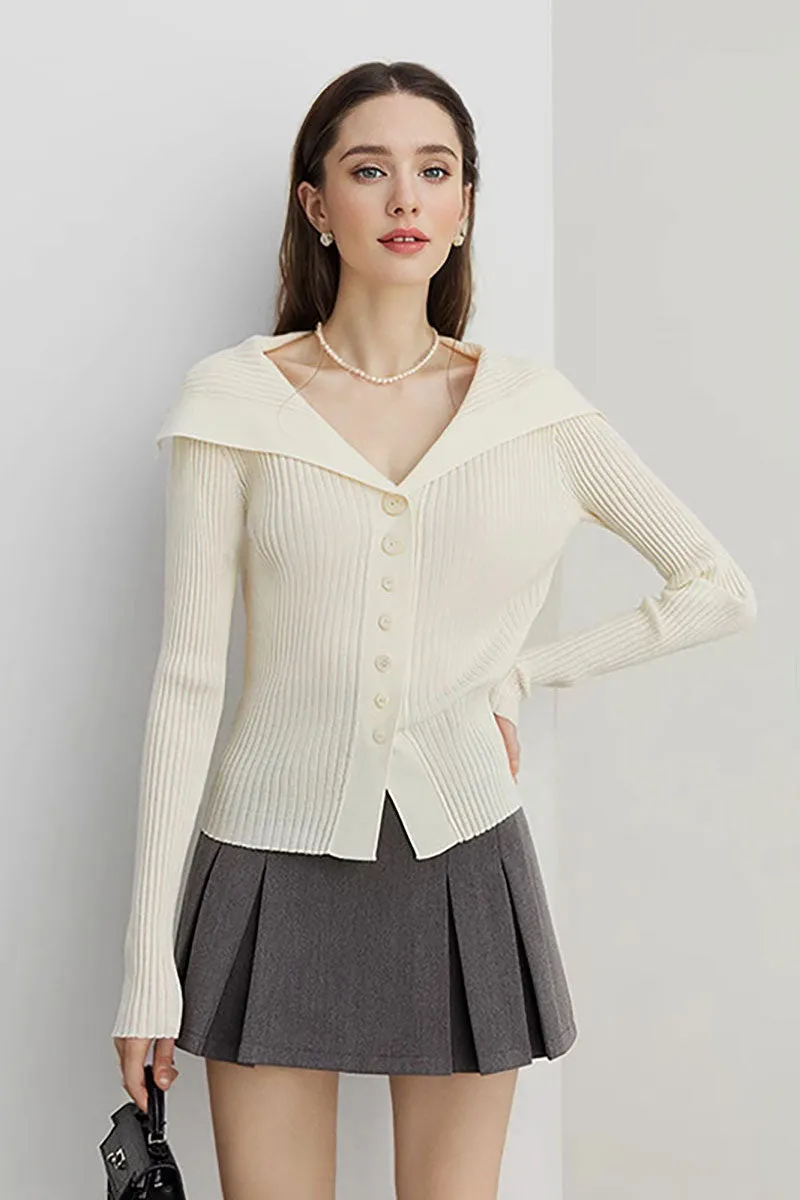 100 Washable Wool Ribbed Cardigan with Oversized Collar