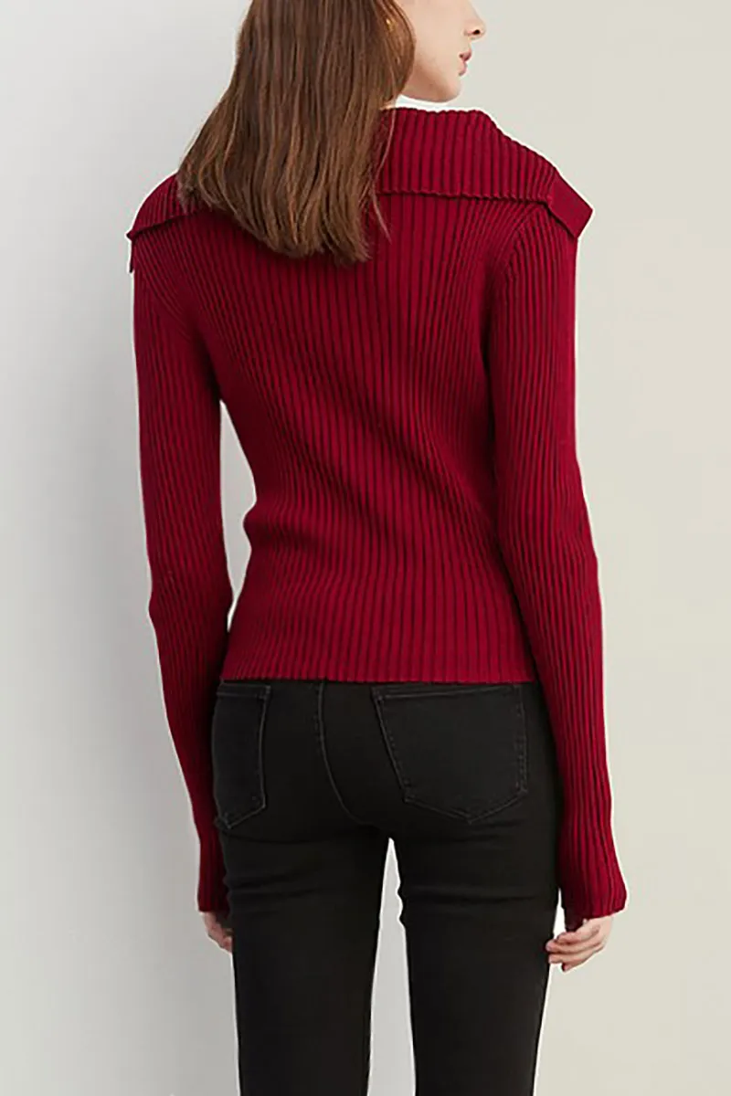 100 Washable Wool Ribbed Cardigan with Oversized Collar