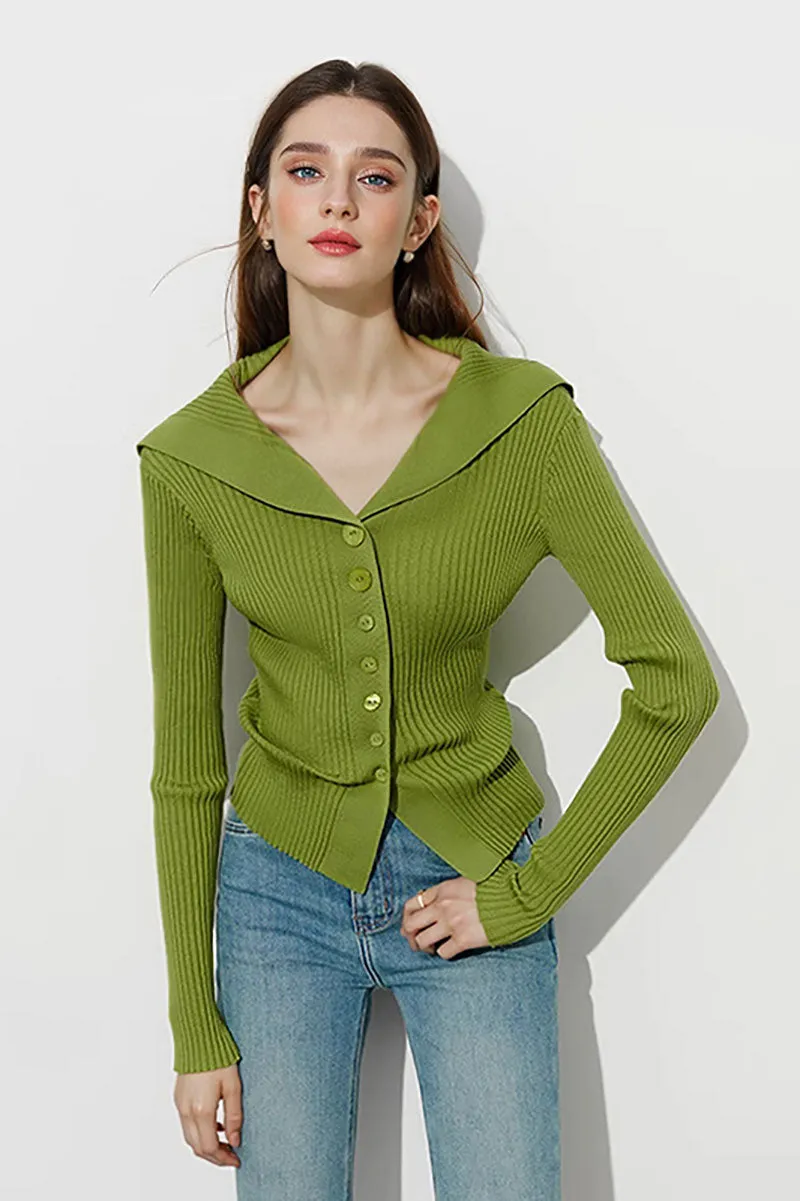 100 Washable Wool Ribbed Cardigan with Oversized Collar