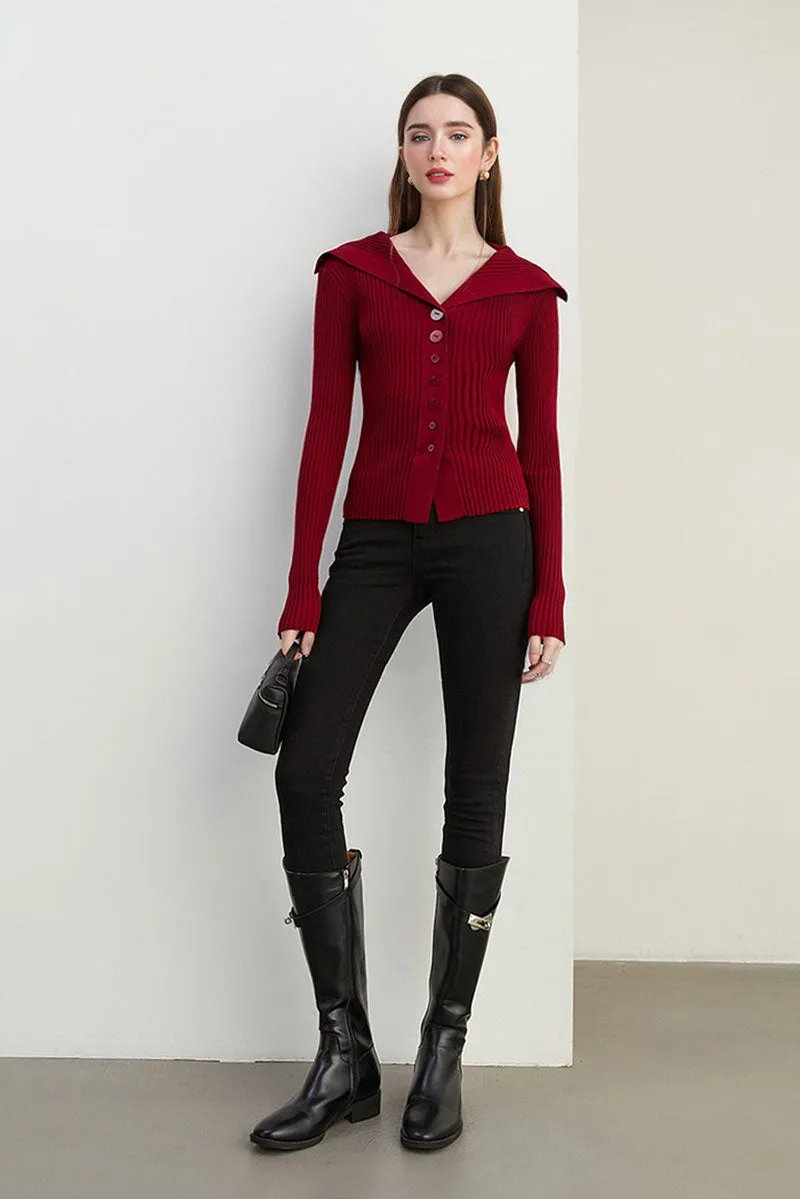 100 Washable Wool Ribbed Cardigan with Oversized Collar