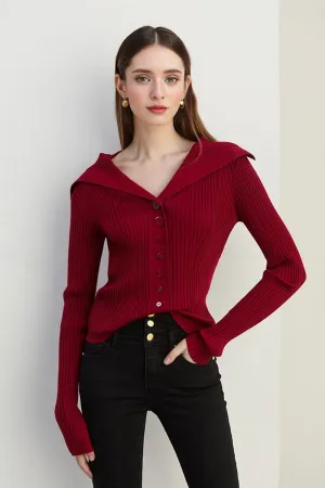 100 Washable Wool Ribbed Cardigan with Oversized Collar