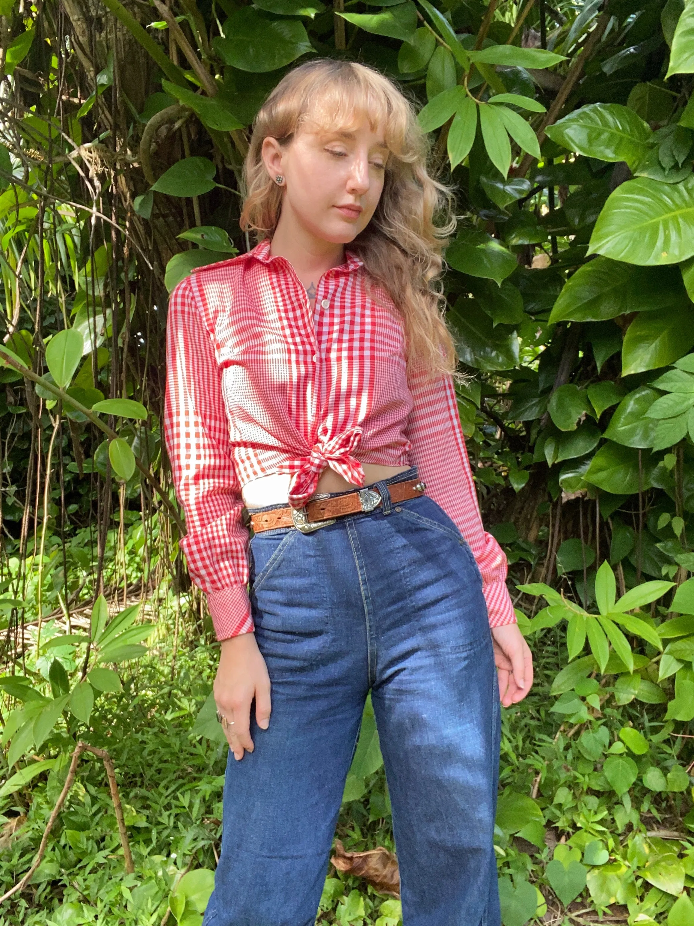 1970s Casual Corner plaid cropped button up shirt small