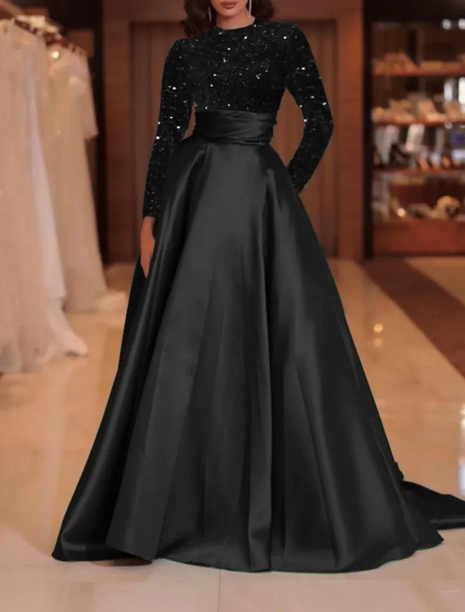 A-Line Evening Gown Sparkle Christmas Red Green Dress Formal Cocktail Party Court Train Long Sleeve High Neck Fall Wedding Guest Satin with Sequin