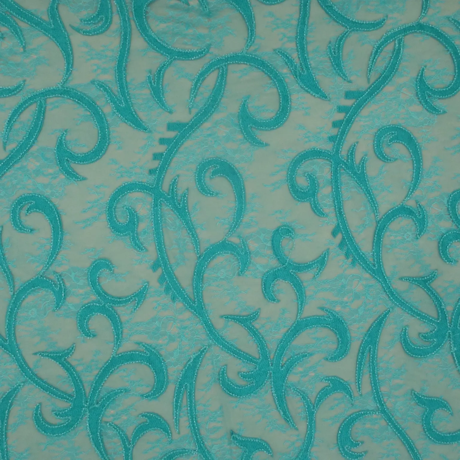Aqua Lace with Aqua Abstract Design with Bugle Beads Embroidered Fabric
