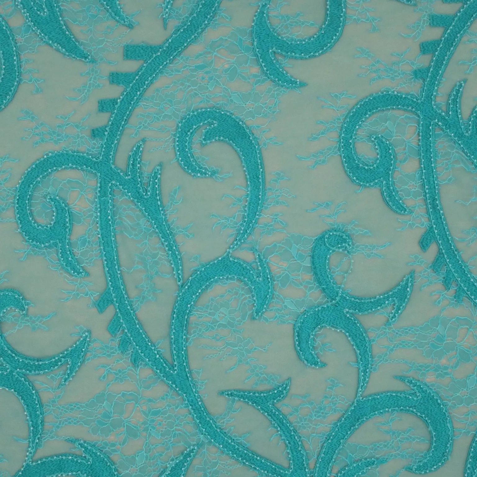 Aqua Lace with Aqua Abstract Design with Bugle Beads Embroidered Fabric
