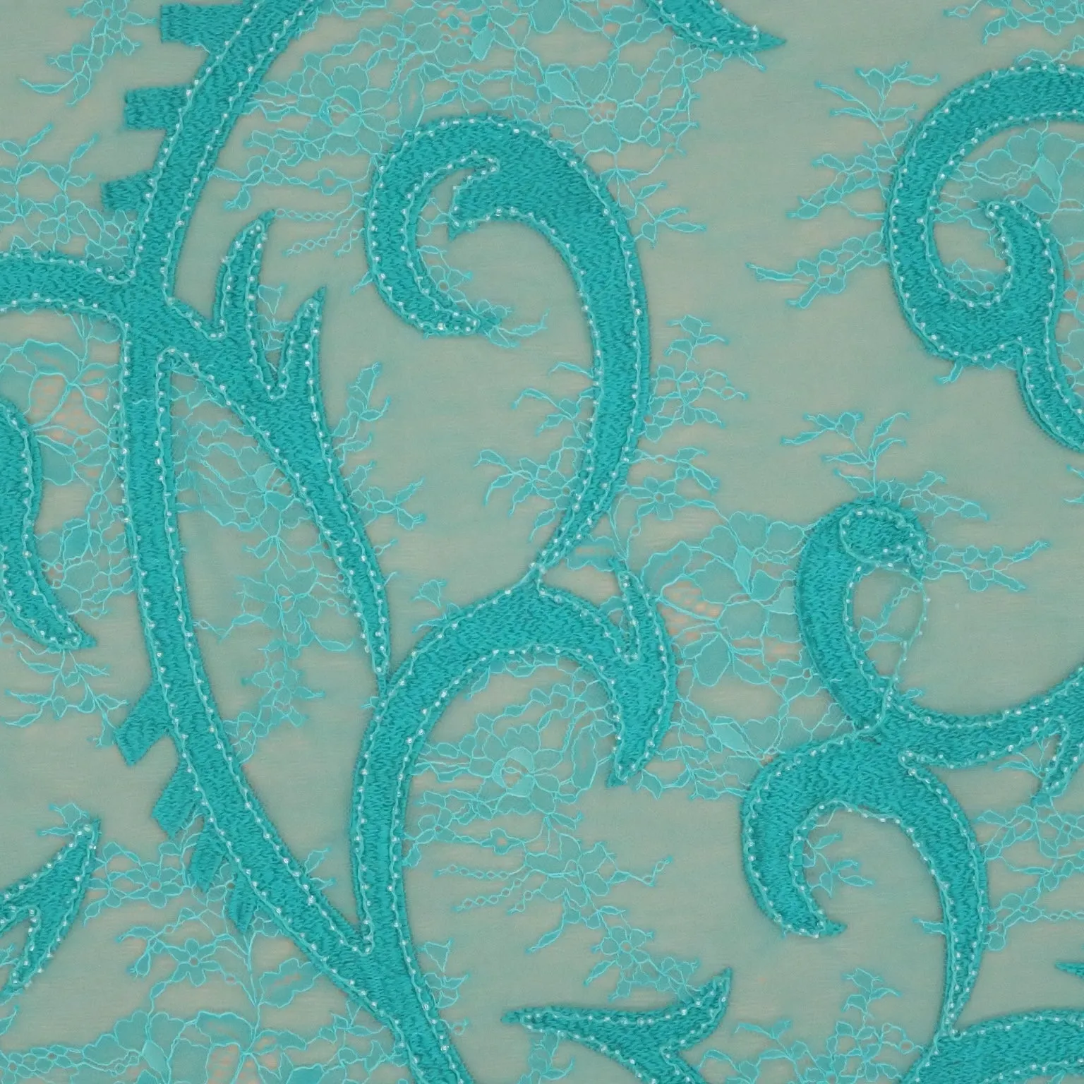 Aqua Lace with Aqua Abstract Design with Bugle Beads Embroidered Fabric