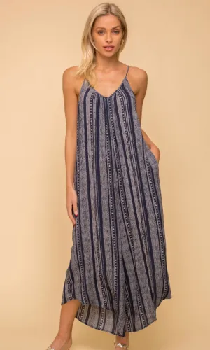 Areielle Navy Blue Print Pocket Romper Jumpsuit