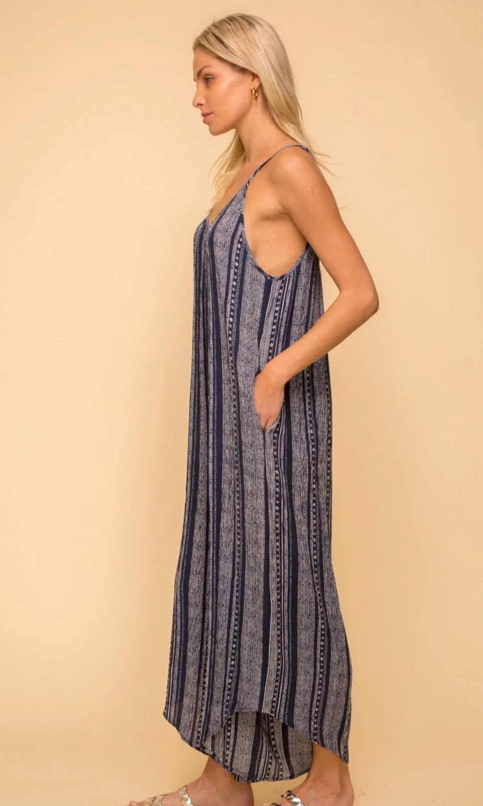 Areielle Navy Blue Print Pocket Romper Jumpsuit