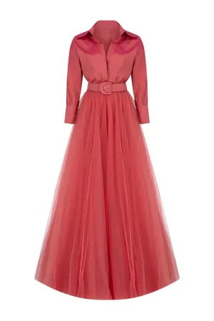 ARZU TERRACOTTA COLLARED V-NECK GOWN