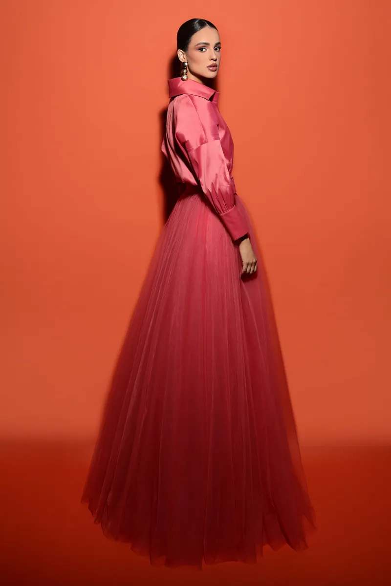 ARZU TERRACOTTA COLLARED V-NECK GOWN