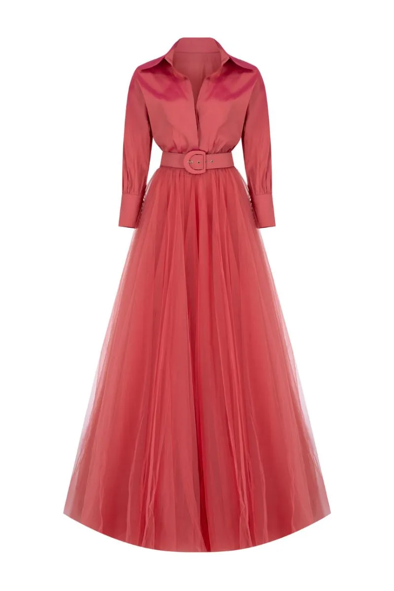 ARZU TERRACOTTA COLLARED V-NECK GOWN
