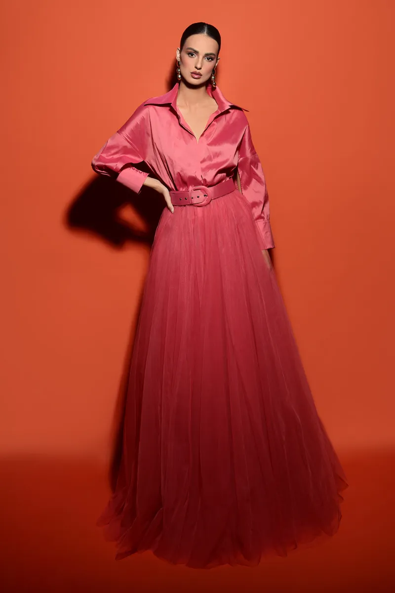 ARZU TERRACOTTA COLLARED V-NECK GOWN