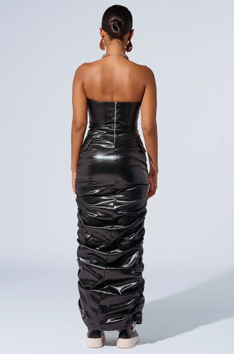 ASH STRAPLESS CARGO MAXI DRESS IN BLACK PU