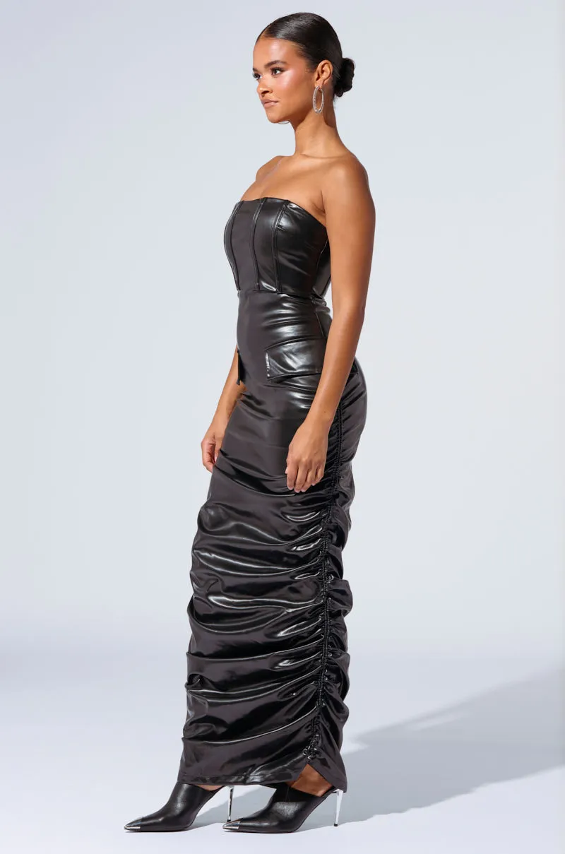 ASH STRAPLESS CARGO MAXI DRESS IN BLACK PU