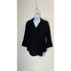 Black 3/4 sleeve collard blouse shirt with lace insert detail