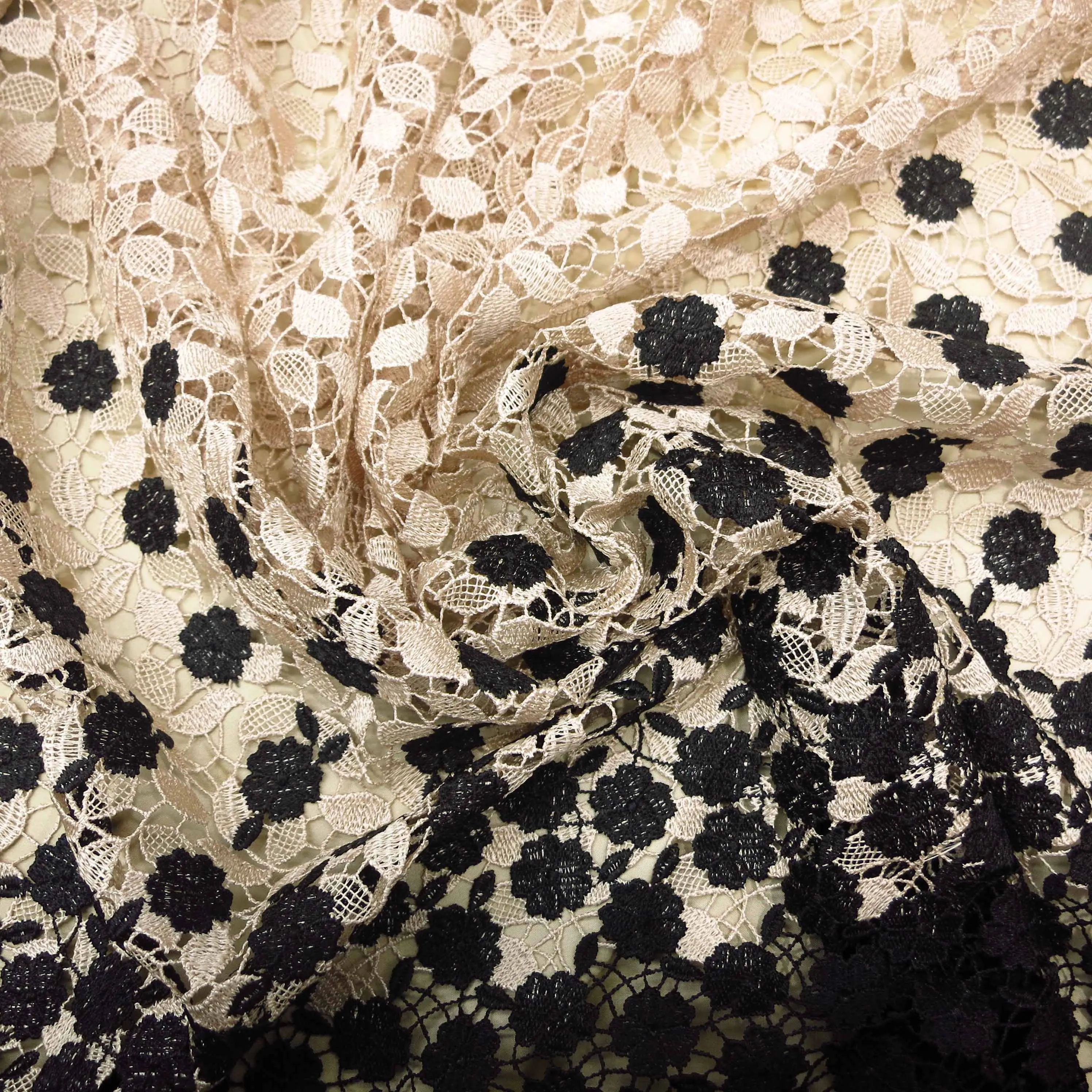 Black and Nude Sand Floral Guipure French Lace Fabric