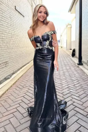 Black Sparkly Sequin Mermaid Prom Dresses 2025 Off the Shoulder Lace Formal Dress – 25171