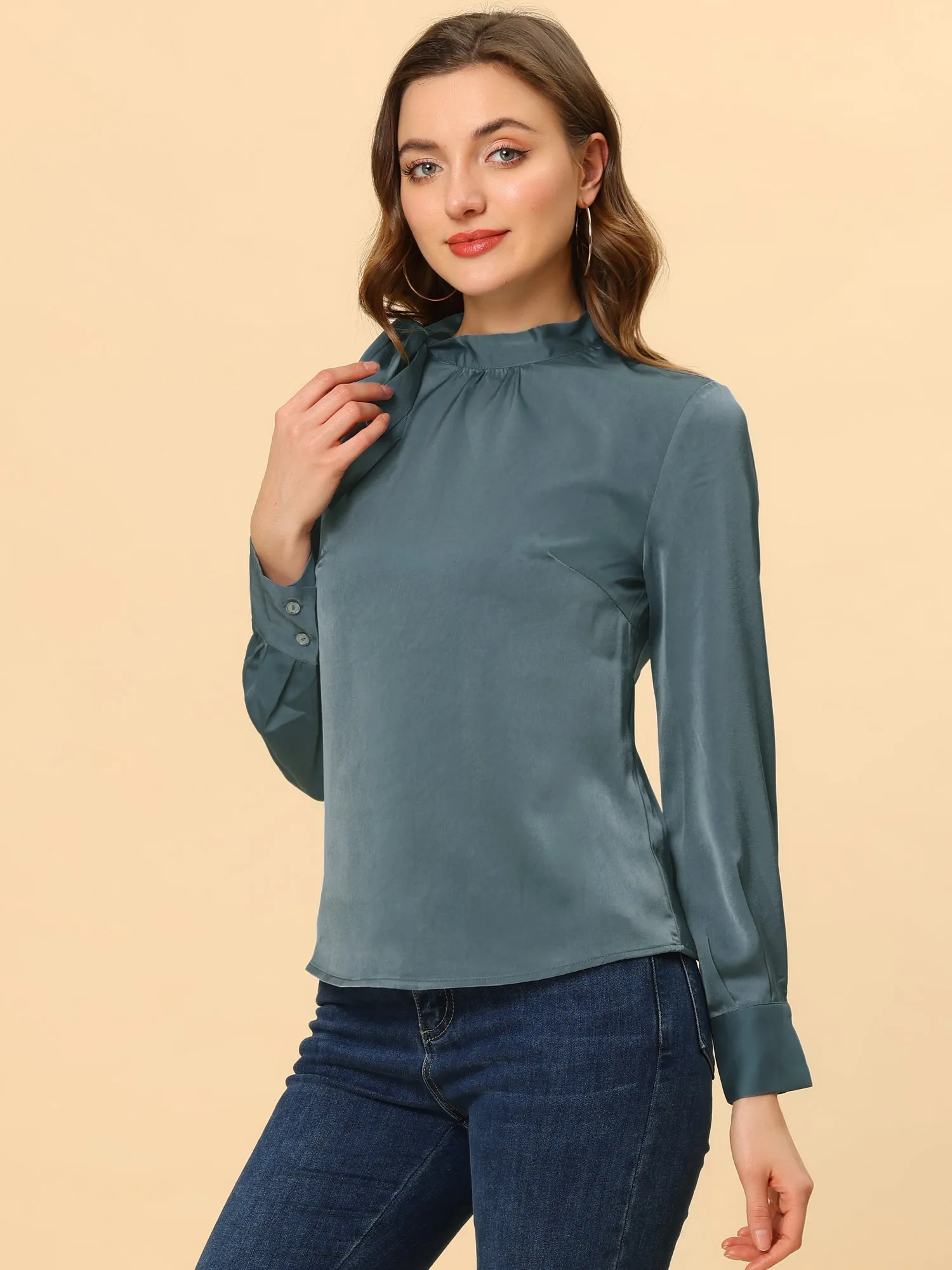 Bow Tie Neck Shirt Work Office Satin Blouse