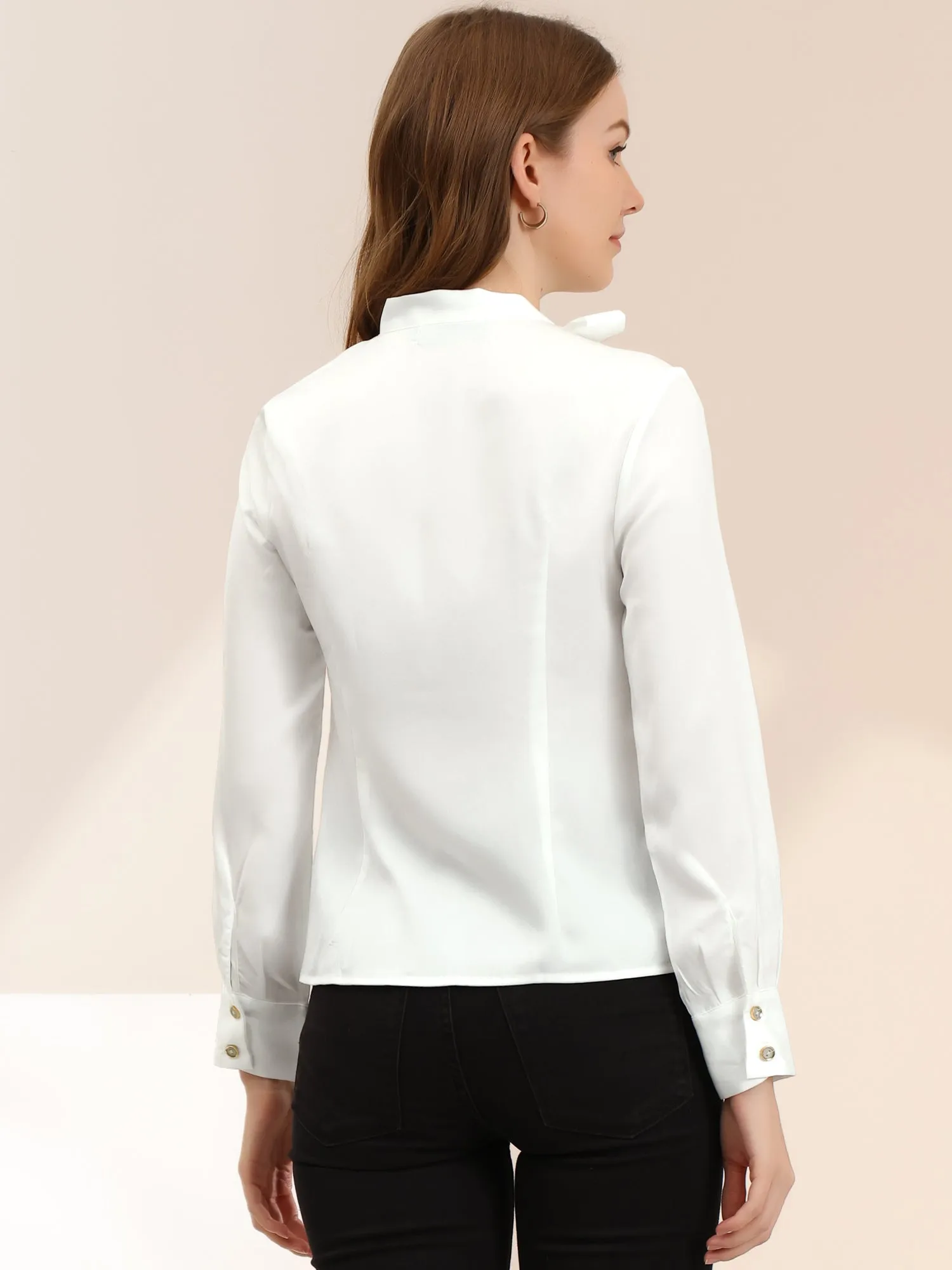 Bow Tie Neck Shirt Work Office Satin Blouse