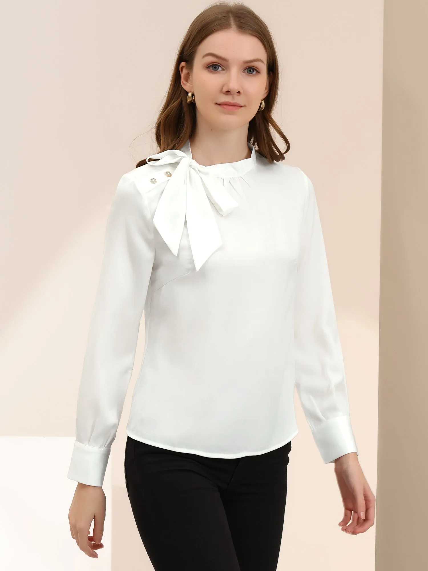 Bow Tie Neck Shirt Work Office Satin Blouse