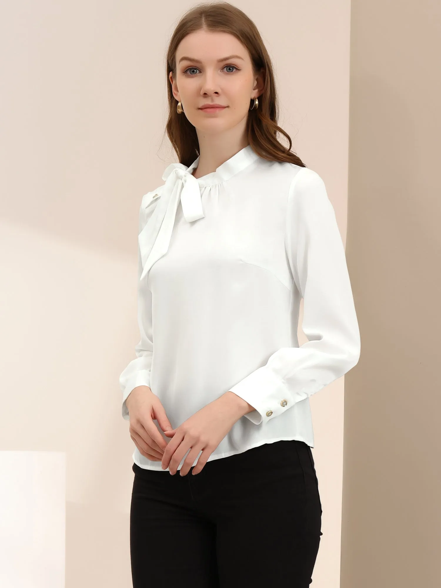Bow Tie Neck Shirt Work Office Satin Blouse