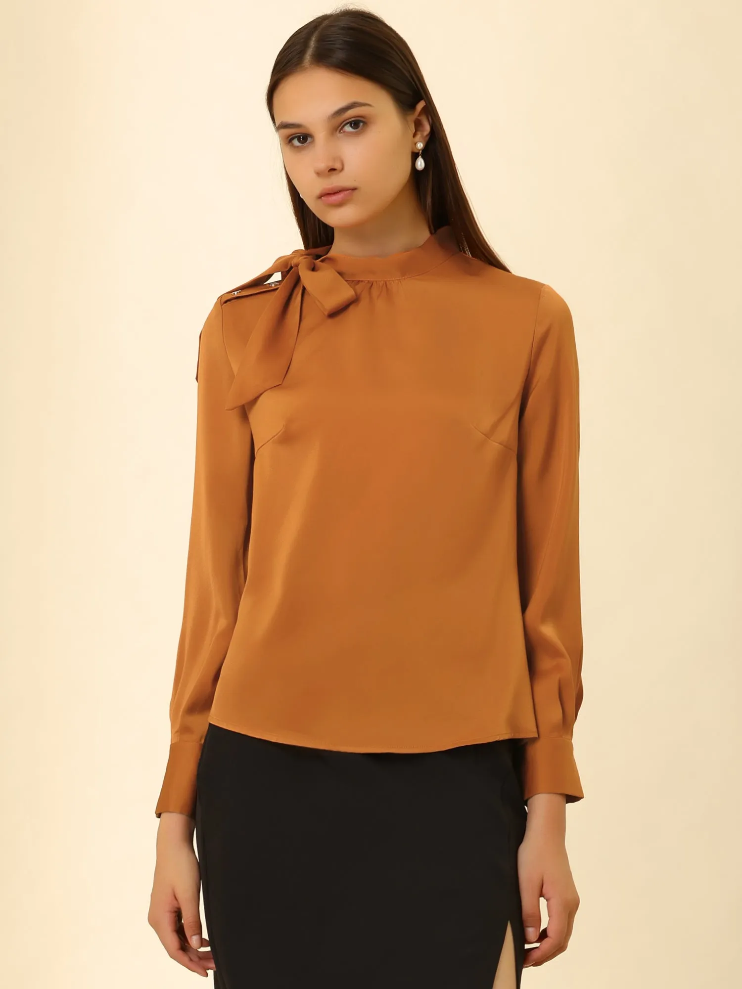 Bow Tie Neck Shirt Work Office Satin Blouse