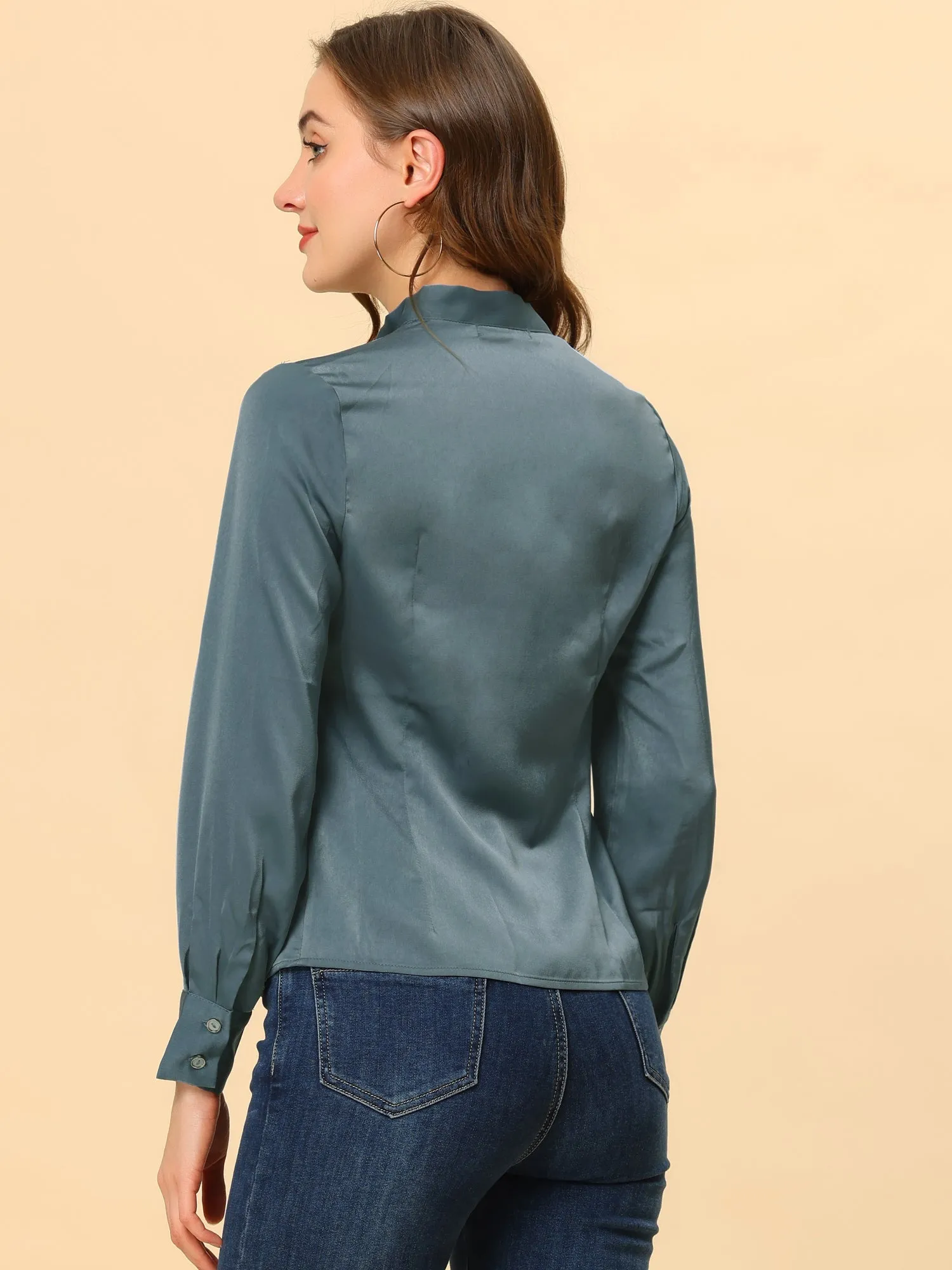 Bow Tie Neck Shirt Work Office Satin Blouse