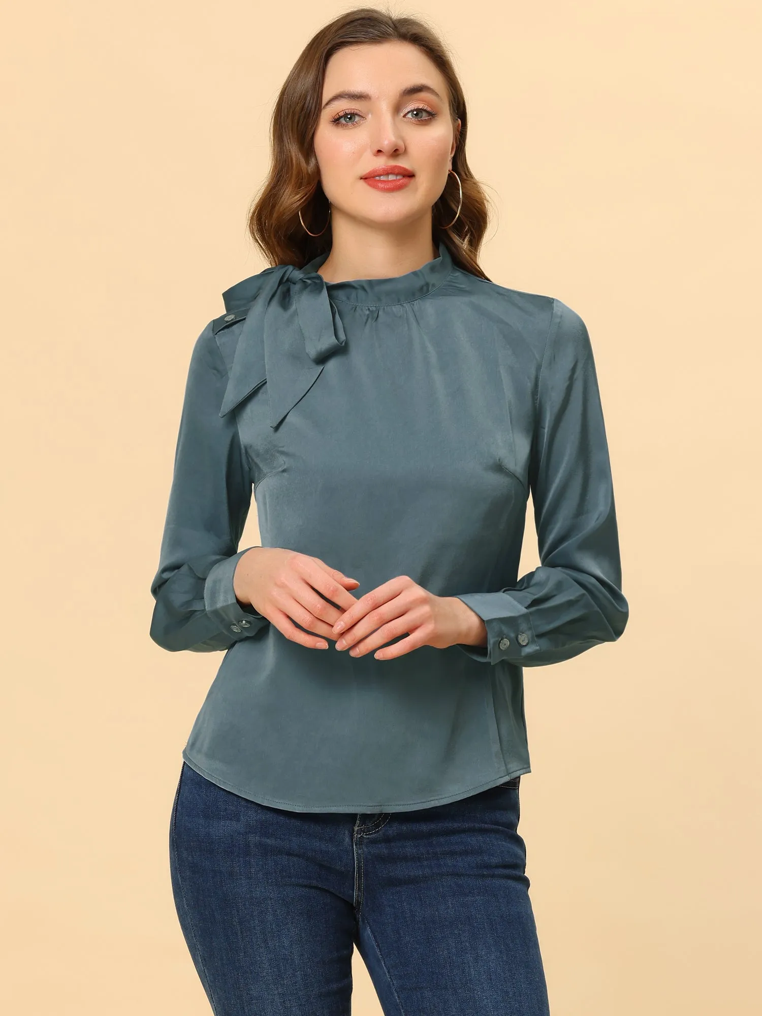 Bow Tie Neck Shirt Work Office Satin Blouse