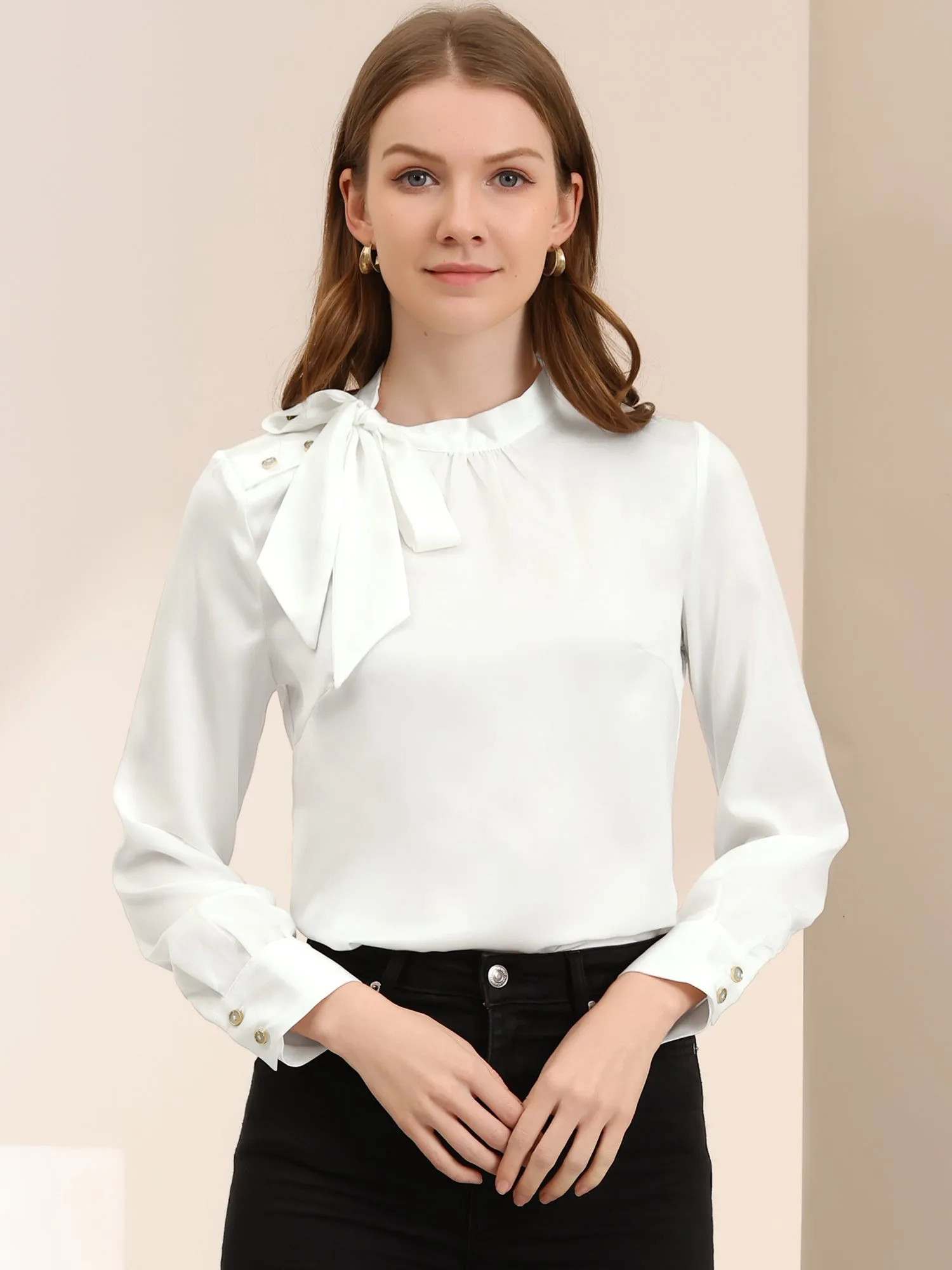 Bow Tie Neck Shirt Work Office Satin Blouse