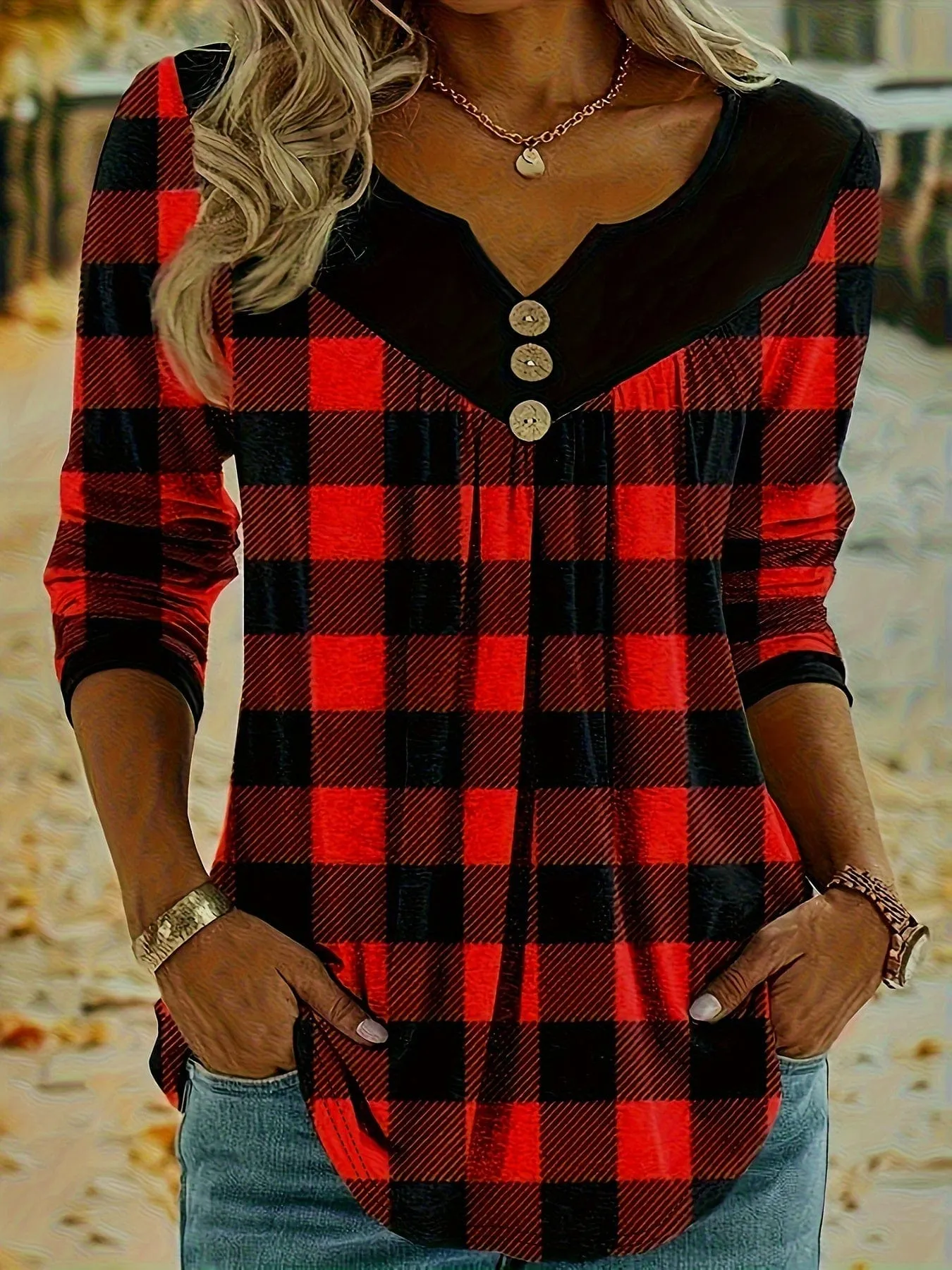 Button-Front Plaid Top
