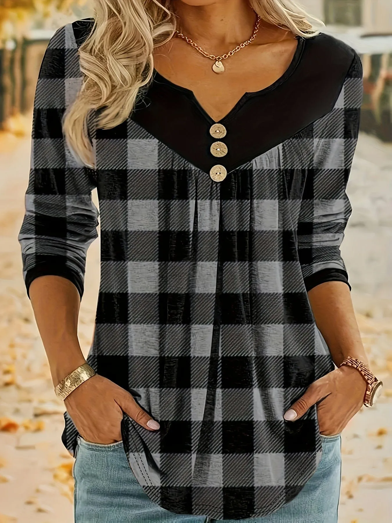 Button-Front Plaid Top