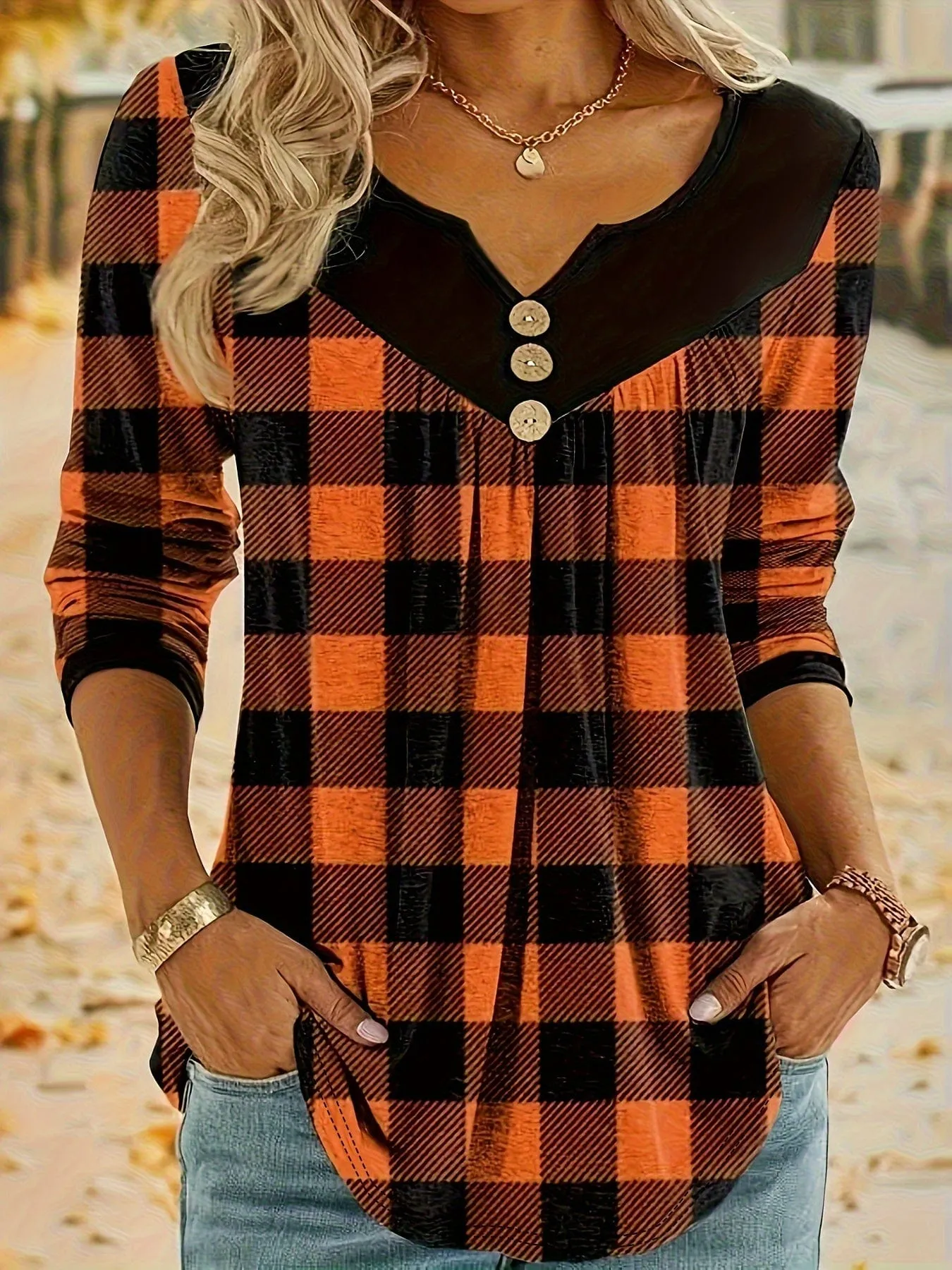 Button-Front Plaid Top