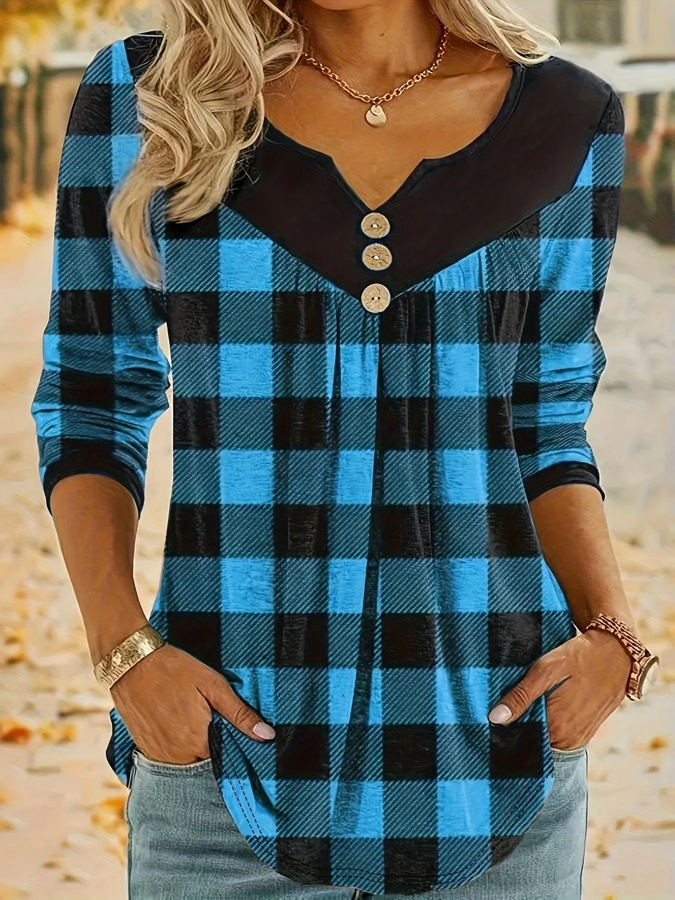Button-Front Plaid Top