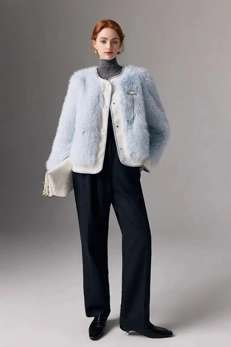 Chic Collarless Faux Fox Fur Jacket