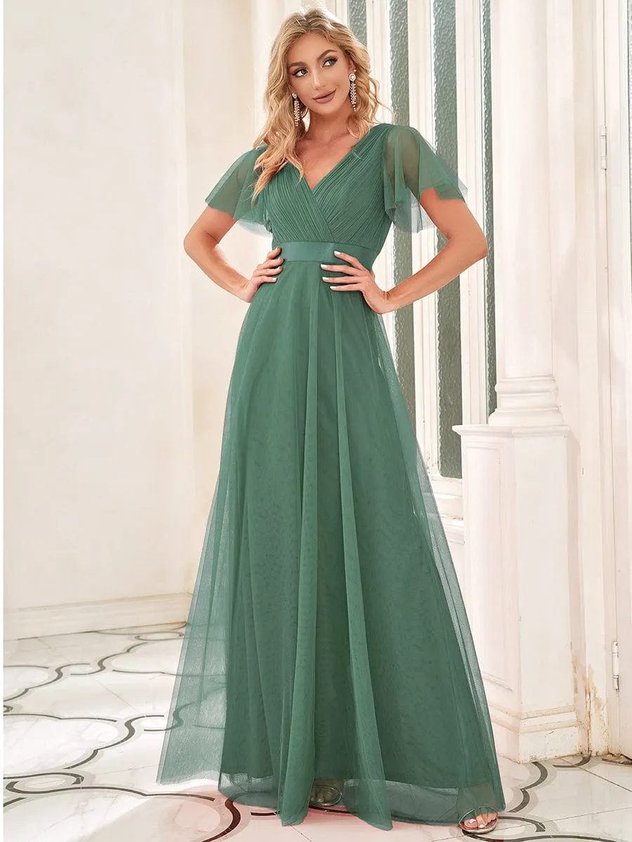 Double V-Neck Tulle Floor-Length Bridesmaid Dress