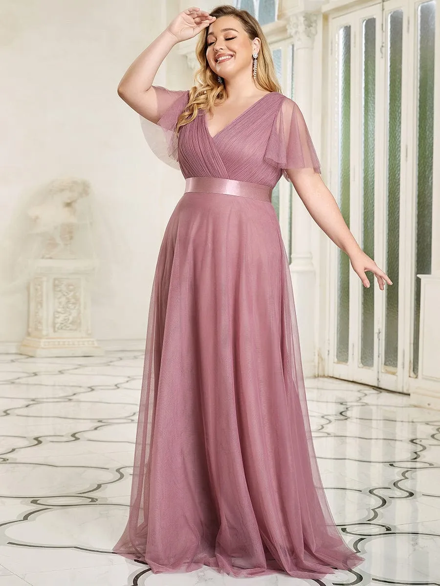 Double V-Neck Tulle Floor-Length Bridesmaid Dress