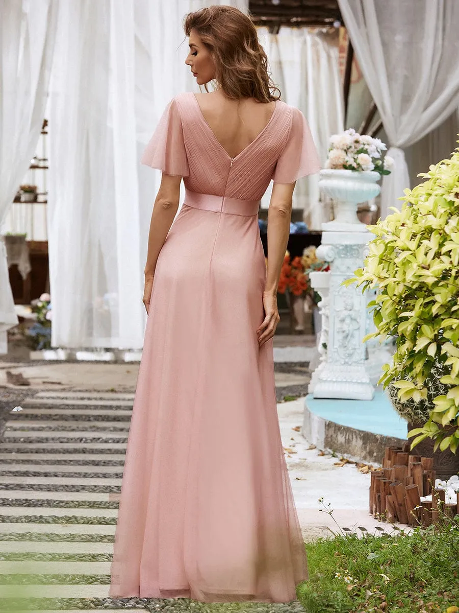 Double V-Neck Tulle Floor-Length Bridesmaid Dress