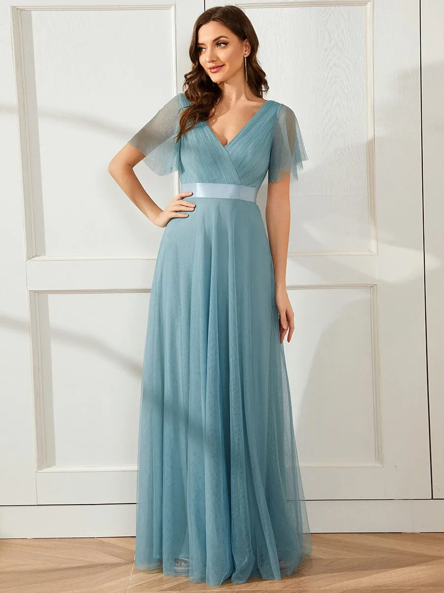 Double V-Neck Tulle Floor-Length Bridesmaid Dress