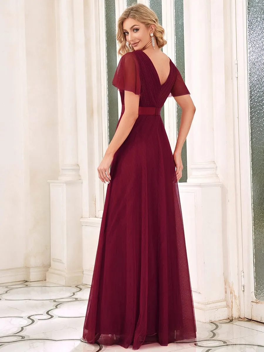 Double V-Neck Tulle Floor-Length Bridesmaid Dress