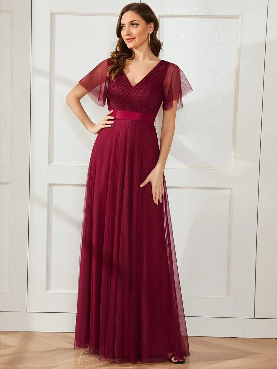 Double V-Neck Tulle Floor-Length Bridesmaid Dress