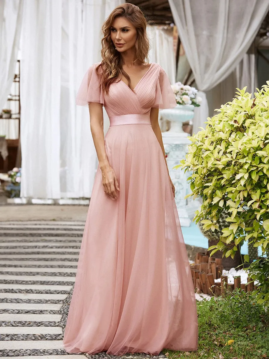 Double V-Neck Tulle Floor-Length Bridesmaid Dress
