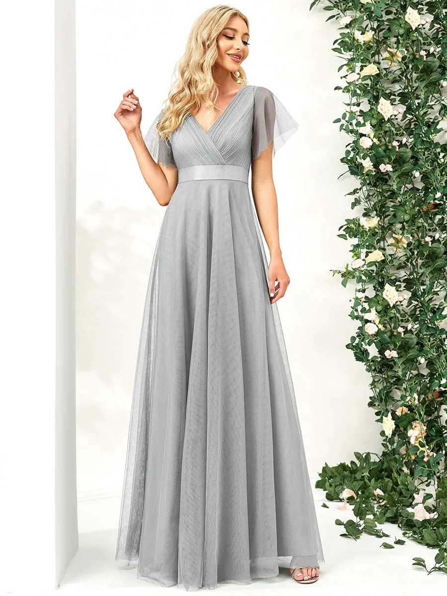 Double V-Neck Tulle Floor-Length Bridesmaid Dress