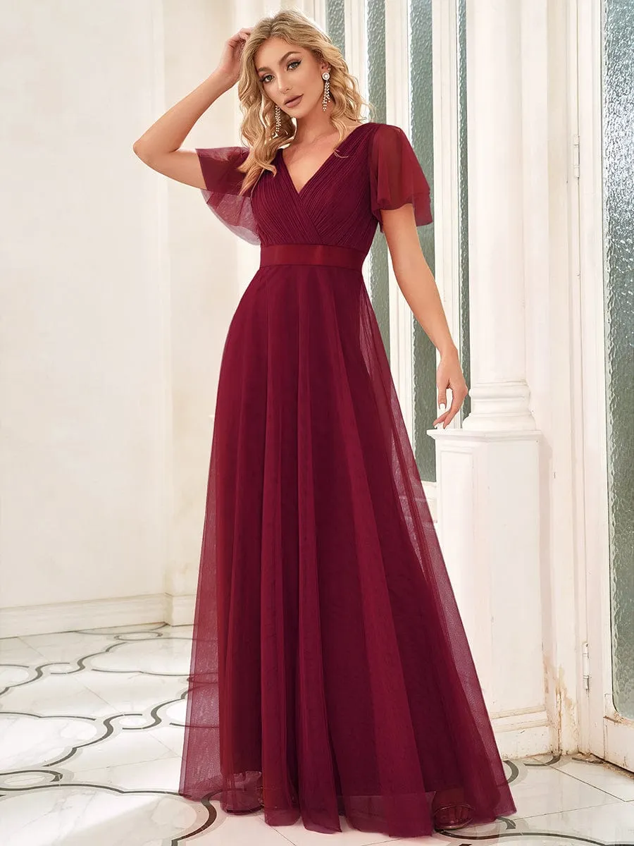 Double V-Neck Tulle Floor-Length Bridesmaid Dress